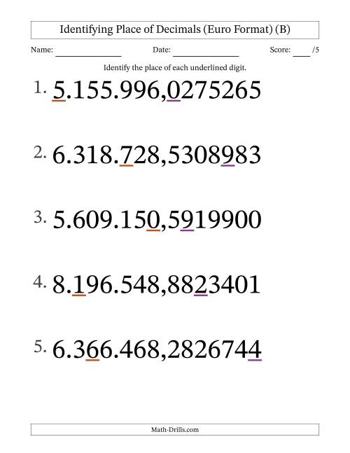 The Euro Format Identifying Place of Decimal Numbers from Ten Millionths to Millions (Large Print) (B) Math Worksheet