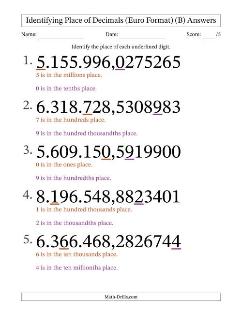 The Euro Format Identifying Place of Decimal Numbers from Ten Millionths to Millions (Large Print) (B) Math Worksheet Page 2