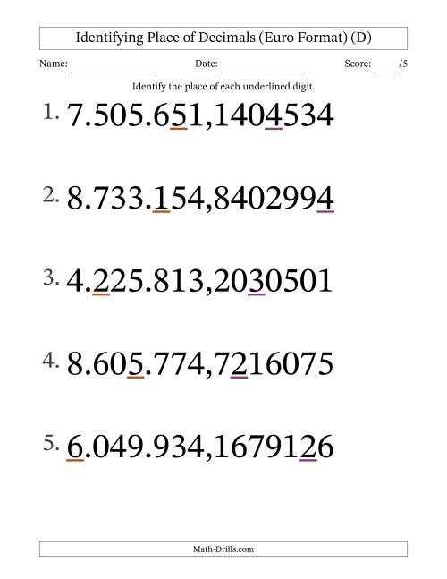 The Euro Format Identifying Place of Decimal Numbers from Ten Millionths to Millions (Large Print) (D) Math Worksheet