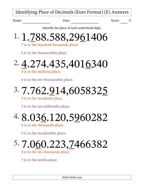 The Euro Format Identifying Place of Decimal Numbers from Ten Millionths to Millions (Large Print) (E) Math Worksheet Page 2