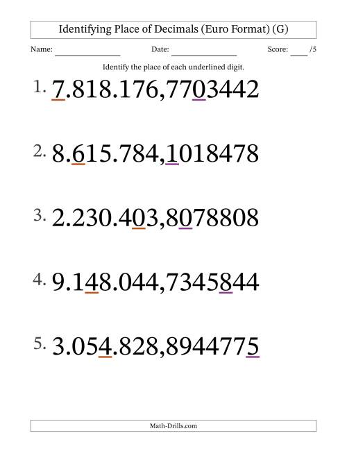 The Euro Format Identifying Place of Decimal Numbers from Ten Millionths to Millions (Large Print) (G) Math Worksheet