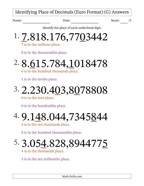 The Euro Format Identifying Place of Decimal Numbers from Ten Millionths to Millions (Large Print) (G) Math Worksheet Page 2