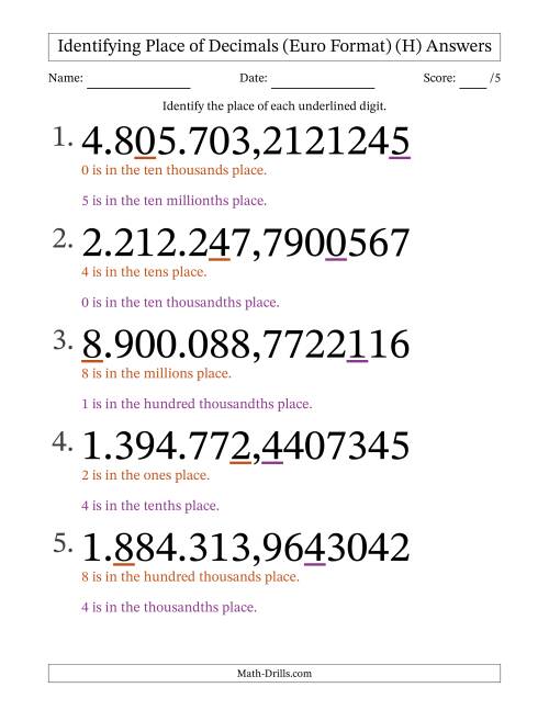 The Euro Format Identifying Place of Decimal Numbers from Ten Millionths to Millions (Large Print) (H) Math Worksheet Page 2