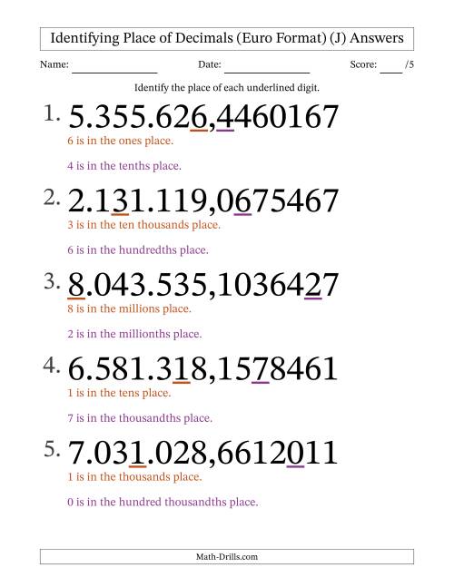 The Euro Format Identifying Place of Decimal Numbers from Ten Millionths to Millions (Large Print) (J) Math Worksheet Page 2