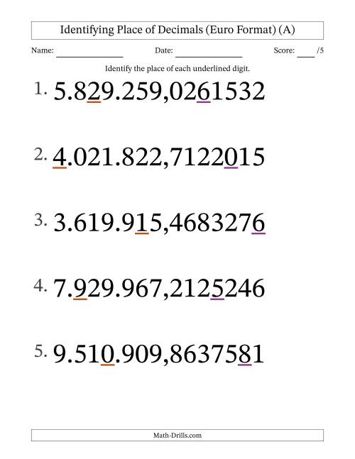 The Euro Format Identifying Place of Decimal Numbers from Ten Millionths to Millions (Large Print) (All) Math Worksheet