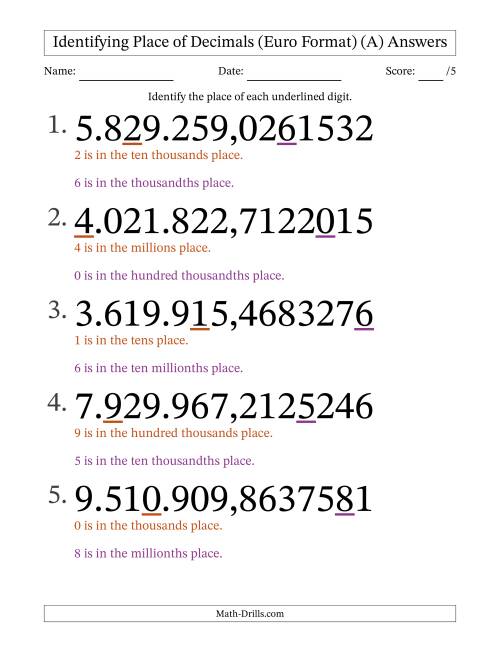 The Euro Format Identifying Place of Decimal Numbers from Ten Millionths to Millions (Large Print) (All) Math Worksheet Page 2