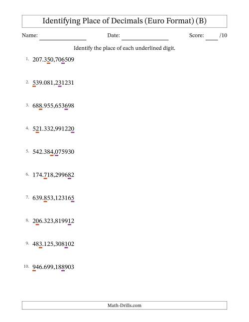 The Euro Format Identifying Place of Decimal Numbers from Millionths to Hundred Thousands (B) Math Worksheet