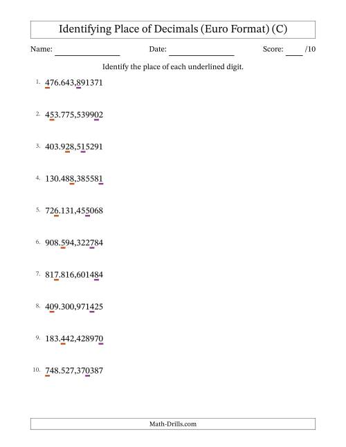 The Euro Format Identifying Place of Decimal Numbers from Millionths to Hundred Thousands (C) Math Worksheet