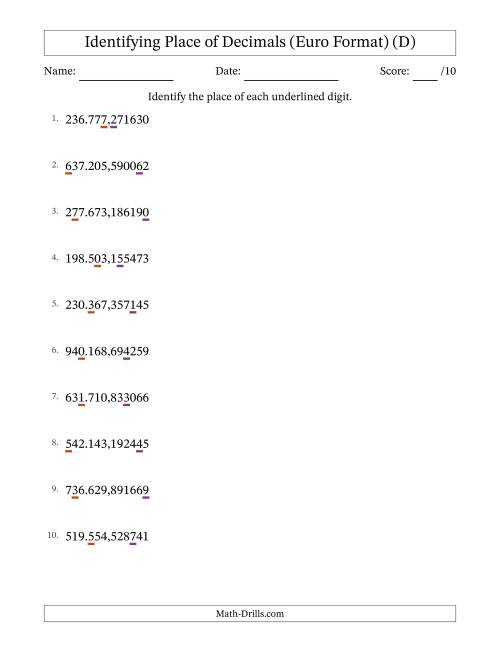 The Euro Format Identifying Place of Decimal Numbers from Millionths to Hundred Thousands (D) Math Worksheet