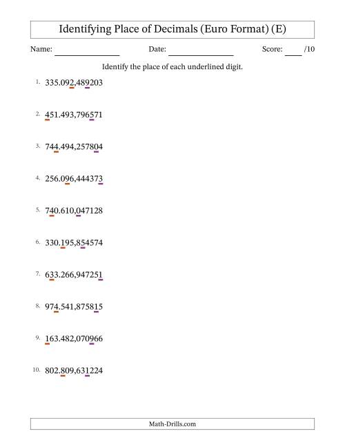 The Euro Format Identifying Place of Decimal Numbers from Millionths to Hundred Thousands (E) Math Worksheet