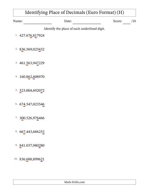 The Euro Format Identifying Place of Decimal Numbers from Millionths to Hundred Thousands (H) Math Worksheet