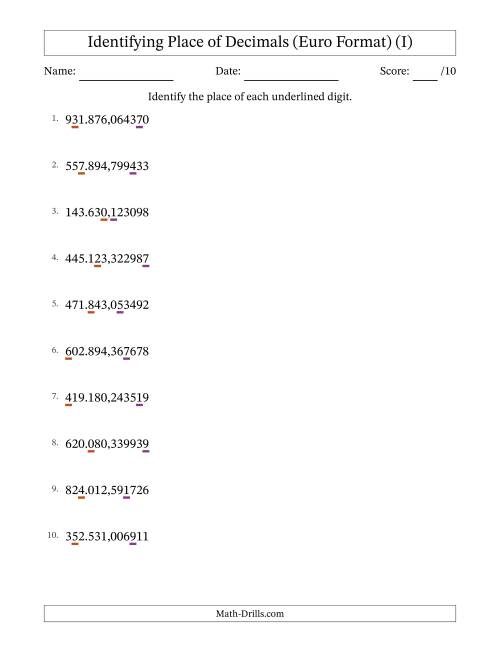 The Euro Format Identifying Place of Decimal Numbers from Millionths to Hundred Thousands (I) Math Worksheet