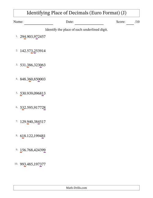 The Euro Format Identifying Place of Decimal Numbers from Millionths to Hundred Thousands (J) Math Worksheet