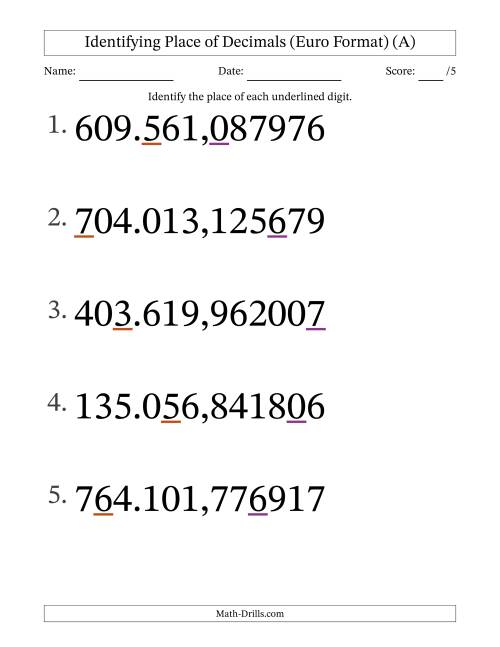 The Euro Format Identifying Place of Decimal Numbers from Millionths to Hundred Thousands (Large Print) (All) Math Worksheet