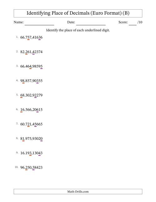 The Euro Format Identifying Place of Decimal Numbers from Hundred Thousandths to Ten Thousands (B) Math Worksheet