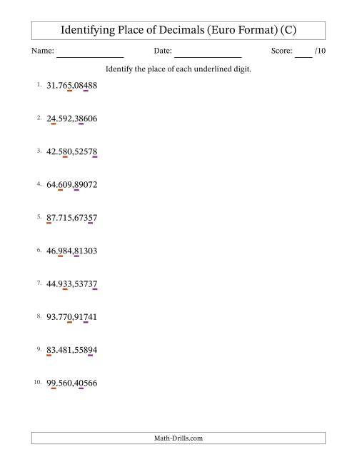 The Euro Format Identifying Place of Decimal Numbers from Hundred Thousandths to Ten Thousands (C) Math Worksheet
