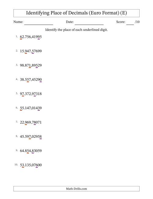 The Euro Format Identifying Place of Decimal Numbers from Hundred Thousandths to Ten Thousands (E) Math Worksheet