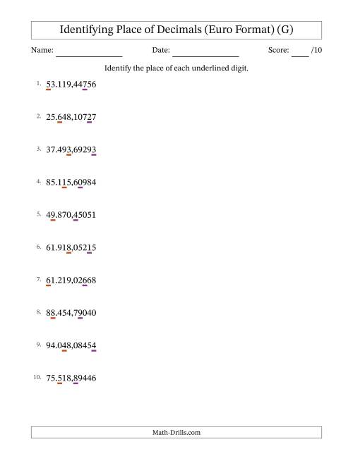 The Euro Format Identifying Place of Decimal Numbers from Hundred Thousandths to Ten Thousands (G) Math Worksheet