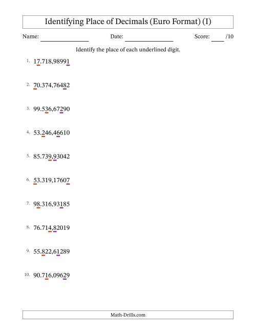 The Euro Format Identifying Place of Decimal Numbers from Hundred Thousandths to Ten Thousands (I) Math Worksheet