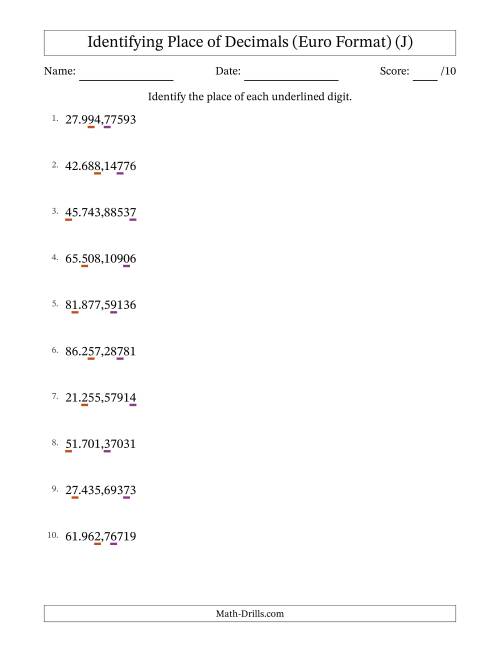The Euro Format Identifying Place of Decimal Numbers from Hundred Thousandths to Ten Thousands (J) Math Worksheet