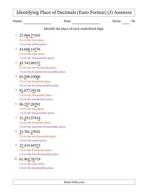 The Euro Format Identifying Place of Decimal Numbers from Hundred Thousandths to Ten Thousands (J) Math Worksheet Page 2