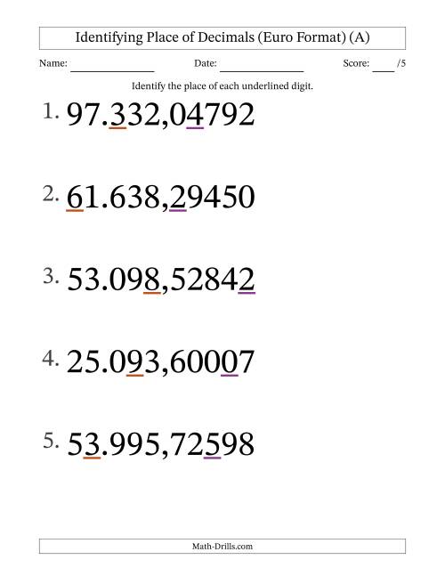 The Euro Format Identifying Place of Decimal Numbers from Hundred Thousandths to Ten Thousands (Large Print) (A) Math Worksheet