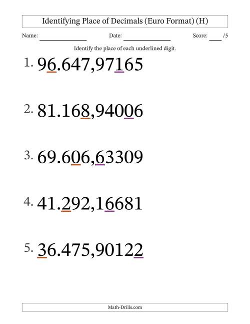 The Euro Format Identifying Place of Decimal Numbers from Hundred Thousandths to Ten Thousands (Large Print) (H) Math Worksheet