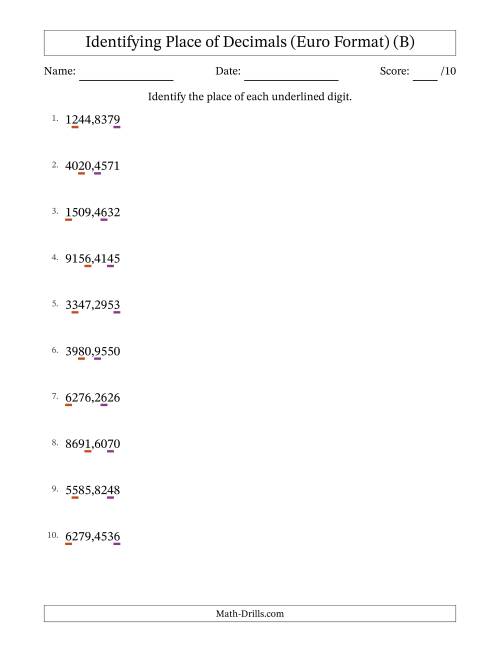 The Euro Format Identifying Place of Decimal Numbers from Ten Thousandths to Thousands (B) Math Worksheet