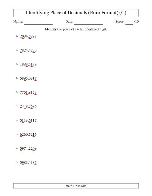 The Euro Format Identifying Place of Decimal Numbers from Ten Thousandths to Thousands (C) Math Worksheet