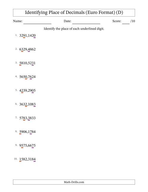 The Euro Format Identifying Place of Decimal Numbers from Ten Thousandths to Thousands (D) Math Worksheet