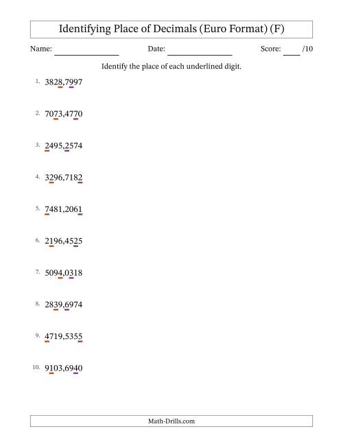 The Euro Format Identifying Place of Decimal Numbers from Ten Thousandths to Thousands (F) Math Worksheet