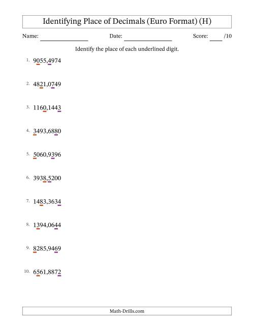The Euro Format Identifying Place of Decimal Numbers from Ten Thousandths to Thousands (H) Math Worksheet