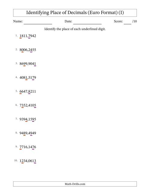 The Euro Format Identifying Place of Decimal Numbers from Ten Thousandths to Thousands (I) Math Worksheet