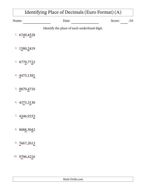 The Euro Format Identifying Place of Decimal Numbers from Ten Thousandths to Thousands (All) Math Worksheet
