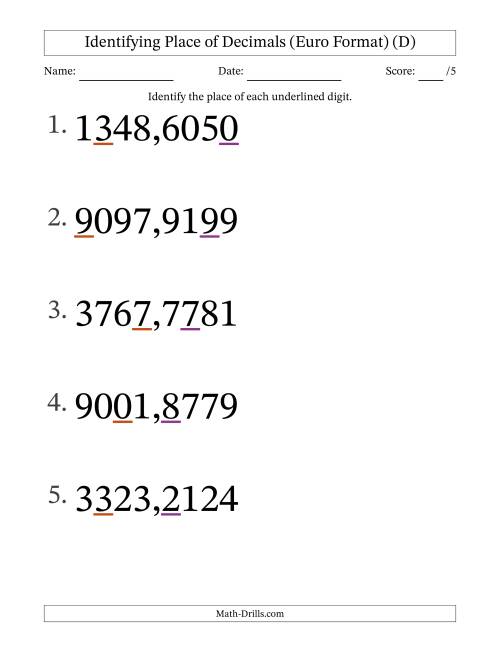 The Euro Format Identifying Place of Decimal Numbers from Ten Thousandths to Thousands (Large Print) (D) Math Worksheet