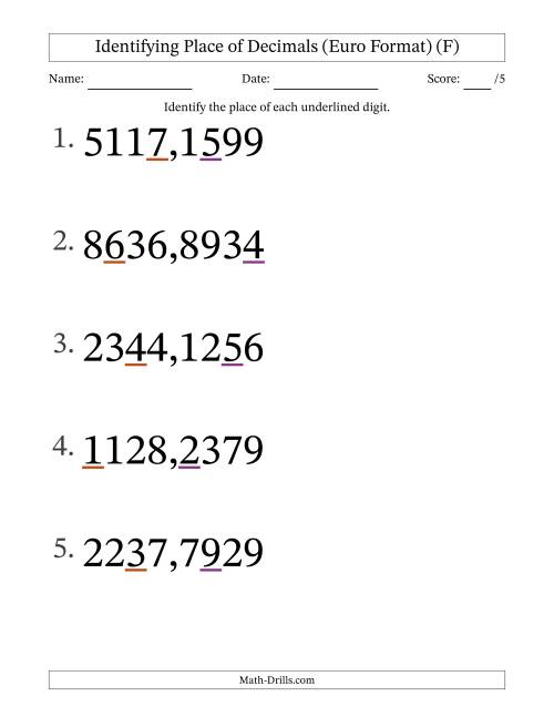 The Euro Format Identifying Place of Decimal Numbers from Ten Thousandths to Thousands (Large Print) (F) Math Worksheet