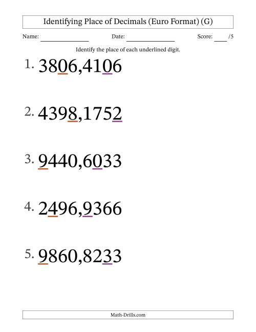 The Euro Format Identifying Place of Decimal Numbers from Ten Thousandths to Thousands (Large Print) (G) Math Worksheet