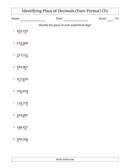 The Euro Format Identifying Place of Decimal Numbers from Thousandths to Hundreds (D) Math Worksheet