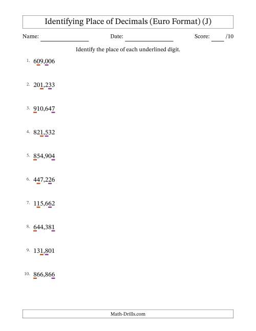 The Euro Format Identifying Place of Decimal Numbers from Thousandths to Hundreds (J) Math Worksheet