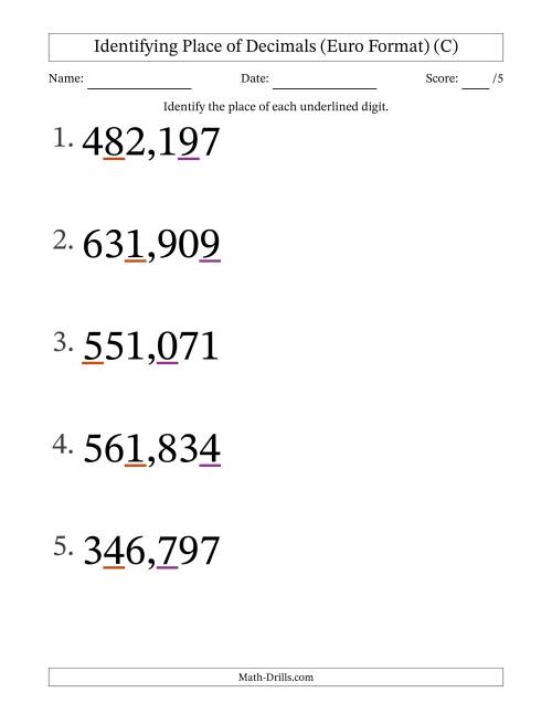 The Euro Format Identifying Place of Decimal Numbers from Thousandths to Hundreds (Large Print) (C) Math Worksheet