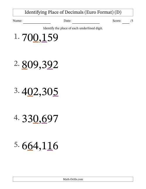 The Euro Format Identifying Place of Decimal Numbers from Thousandths to Hundreds (Large Print) (D) Math Worksheet