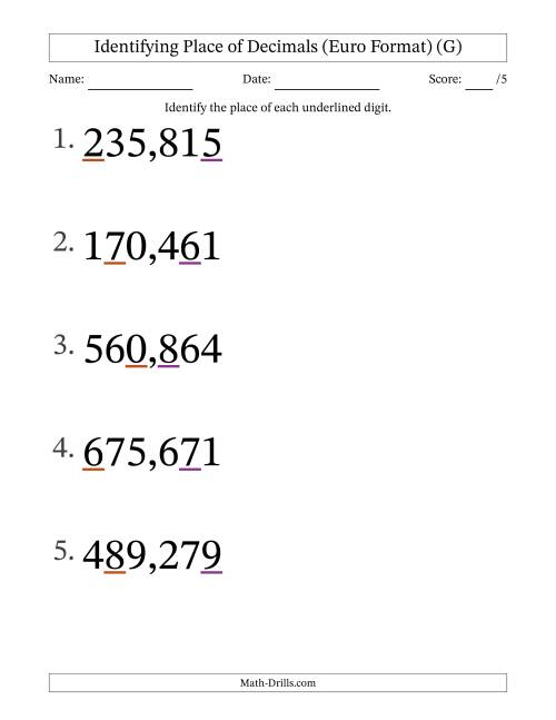 The Euro Format Identifying Place of Decimal Numbers from Thousandths to Hundreds (Large Print) (G) Math Worksheet