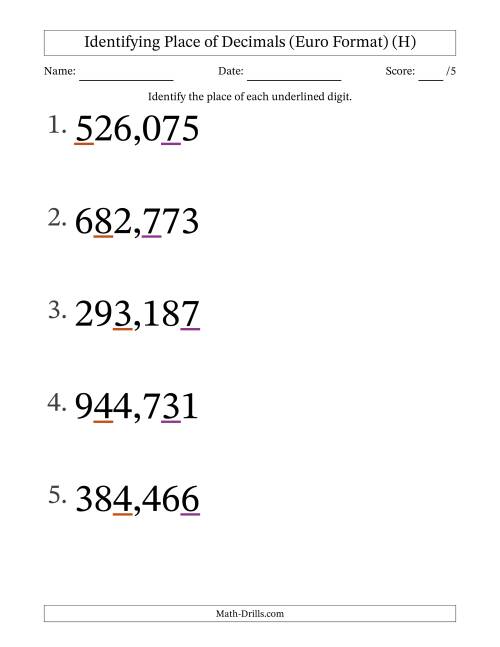 The Euro Format Identifying Place of Decimal Numbers from Thousandths to Hundreds (Large Print) (H) Math Worksheet