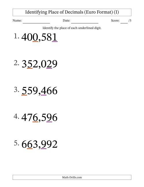 The Euro Format Identifying Place of Decimal Numbers from Thousandths to Hundreds (Large Print) (I) Math Worksheet