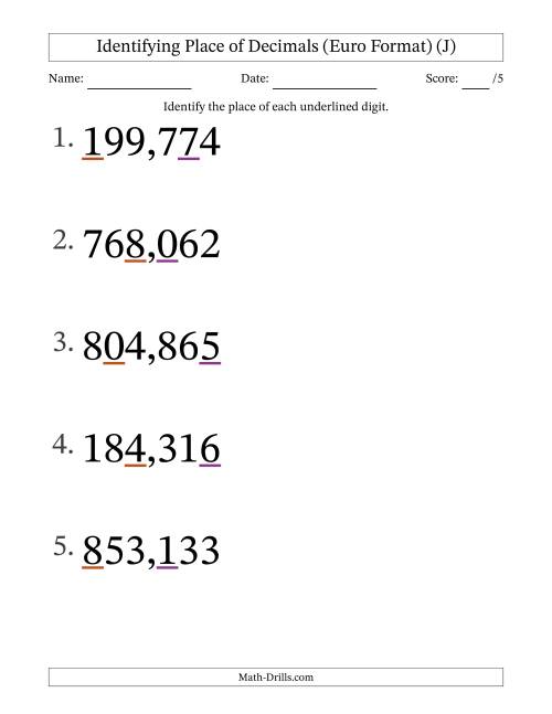 The Euro Format Identifying Place of Decimal Numbers from Thousandths to Hundreds (Large Print) (J) Math Worksheet