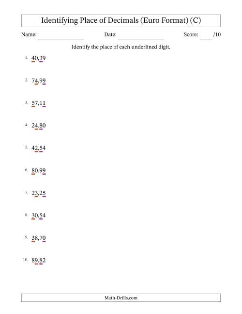 The Euro Format Identifying Place of Decimal Numbers from Hundredths to Tens (C) Math Worksheet