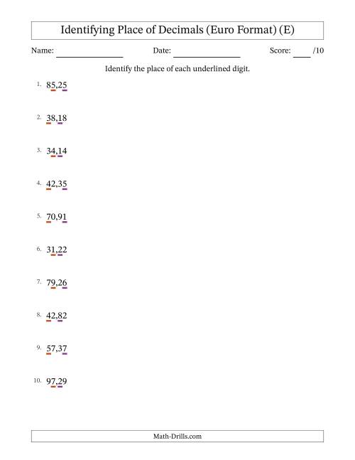 The Euro Format Identifying Place of Decimal Numbers from Hundredths to Tens (E) Math Worksheet