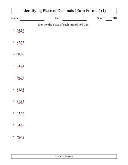 The Euro Format Identifying Place of Decimal Numbers from Hundredths to Tens (J) Math Worksheet