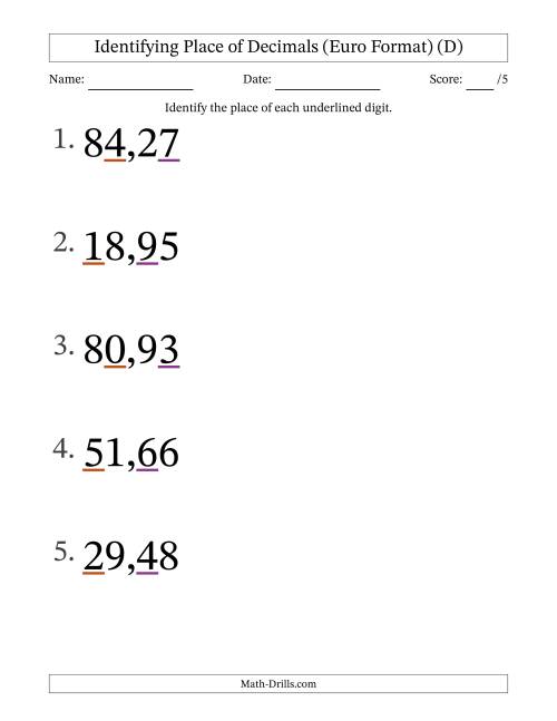 The Euro Format Identifying Place of Decimal Numbers from Hundredths to Tens (Large Print) (D) Math Worksheet