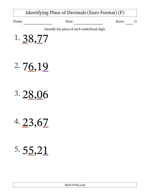 The Euro Format Identifying Place of Decimal Numbers from Hundredths to Tens (Large Print) (F) Math Worksheet